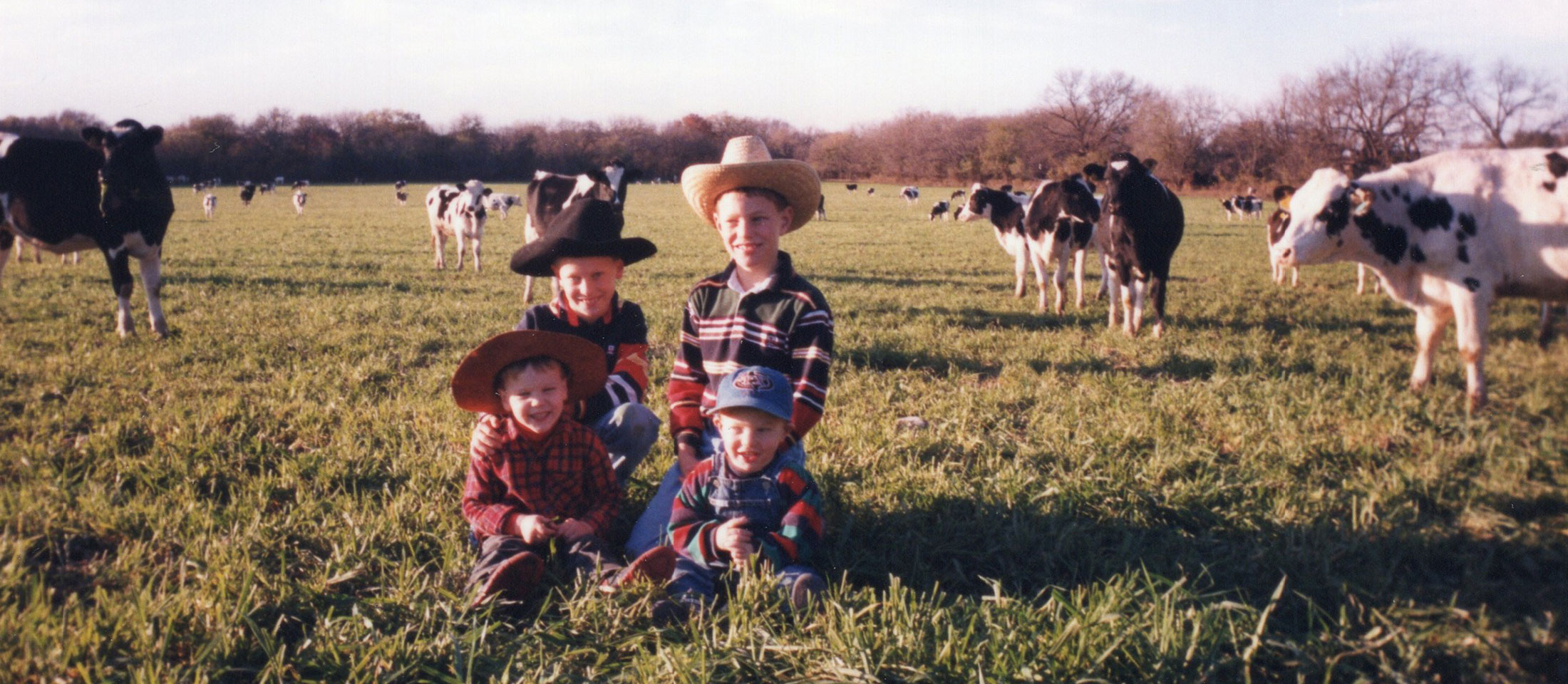 Four young boys pose in a dairy cattle pasture.